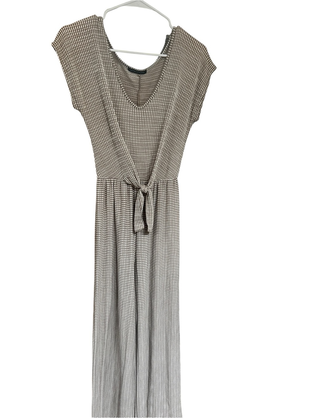 Caution To The Wind Brown and Cream Houndstooth Maxi Jumpsuit with Tie Waist